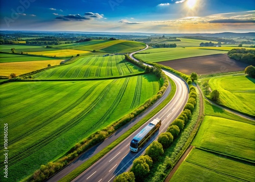 High Angle View of a Bus Driving on a Winding Road Through Lush Countryside Fields Under a Clear Blue Sky with Long Exposure Effect
