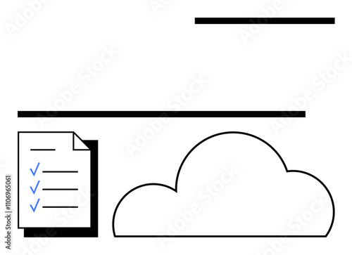 Paper checklist with blue checkmarks next to a cloud shape. Ideal for cloud storage, digital organization, task management, productivity apps, data backup, online services, and workflow improvements