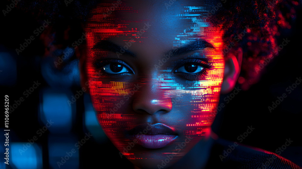 Digital Face, Neon Hues Illuminate a Woman's Portrait, Abstract Art with Vivid Colors and Code Overlay Digital Face, Neon Hues Illuminate a Woman's Portrait, Abstract Art with Vivid Colors and Code Overlay
