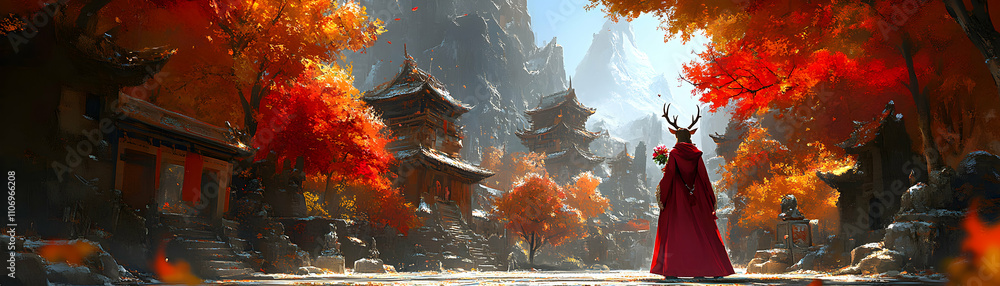 Fototapeta premium Autumnal Fantasy, Antlered Figure in Red Robe Stands Amidst Ancient Temples and Vibrant Maple Trees, Snow Dusting the Ground