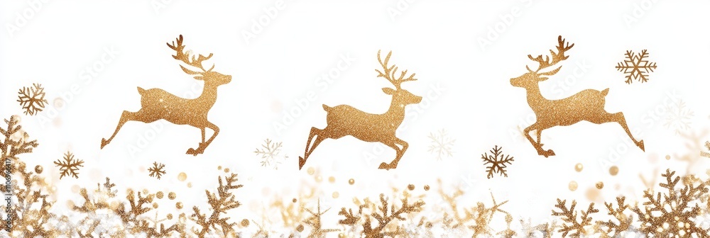 Festive Golden Reindeer and Snowflake Border on White Background with Copy Space Festive Golden Reindeer and Snowflake Border on White Background with Copy Space