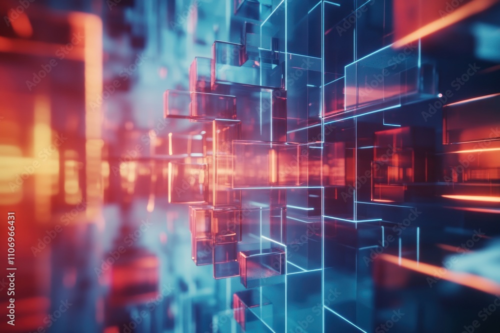 Abstract digital landscape featuring vibrant blue and red translucent cubes. Abstract digital landscape featuring vibrant blue and red translucent cubes.