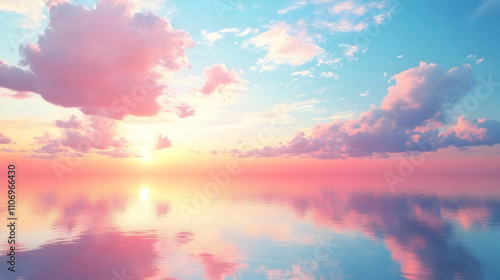 Pastel Sunset, Serene Ocean Reflects Pink & Blue Skies, Clouds Glow at Horizon, Calm Waters Mirror Heaven's Hues.