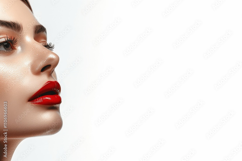 Close-Up Profile of a Woman with Glossy Red Lips and Smooth Skin Close-Up Profile of a Woman with Glossy Red Lips and Smooth Skin