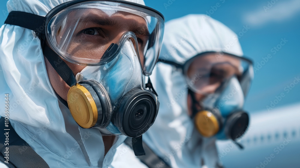 Urgent Situation Concept. Medical personnel in protective gear, ensuring safety during travel Urgent Situation Concept. Medical personnel in protective gear, ensuring safety during travel
