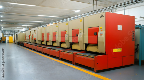 Industrial Factory, Automated Conveyor System with Multiple Processing Units in a Row, Highlighting Efficiency and Modern Manufacturing photo