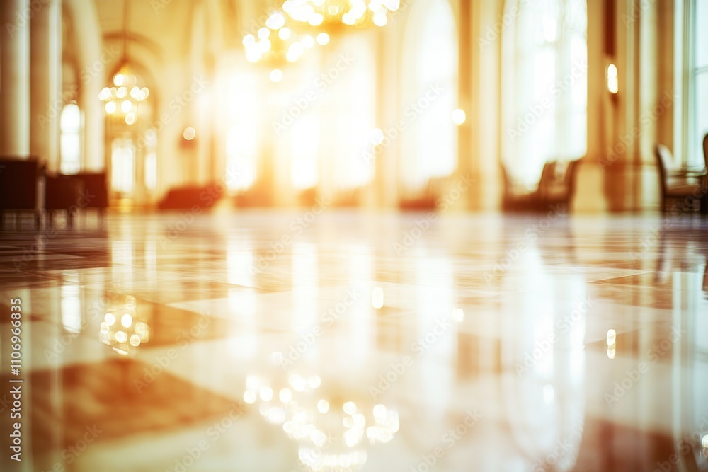 A blurred view of a spacious, elegant interior with polished floors and warm lighting. A blurred view of a spacious, elegant interior with polished floors and warm lighting.