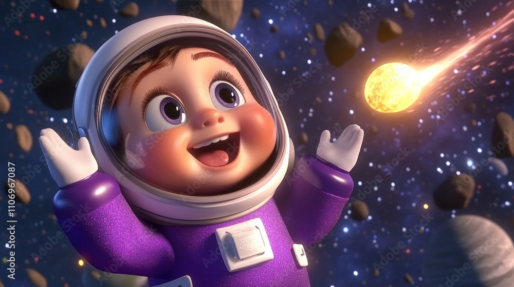 A joyful child in a space suit, marveling at a comet in a colorful cosmic scene. A joyful child in a space suit, marveling at a comet in a colorful cosmic scene.