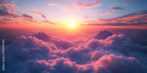 Sunset Peaks Above a Sea of Clouds, A Dreamy Pink and Purple Celestial Landscape