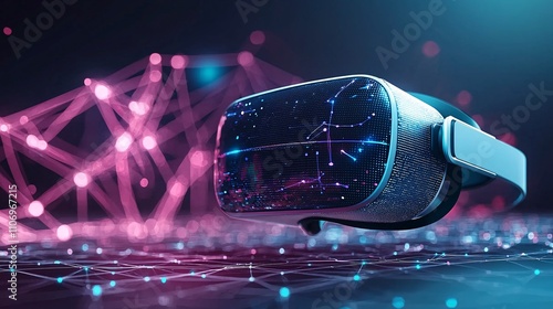An abstract visualization of AR and VR devices connected in a seamless digital network Stock Photo with side copy space