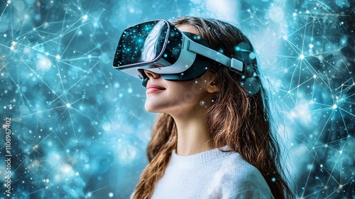 An abstract visualization of AR and VR devices connected in a seamless digital network Stock Photo with side copy space