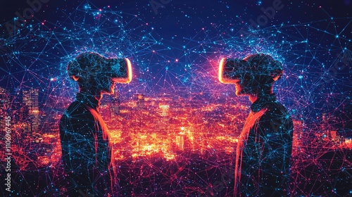 An abstract visualization of AR and VR devices connected in a seamless digital network Stock Photo with side copy space