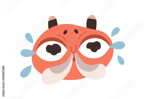 Crying character with tearful eyes and snot. Quirky humorous avatar with tears. Sad comic face portrait, emotional user profile, weeping, sobbing. Flat vector illustration isolated on white background