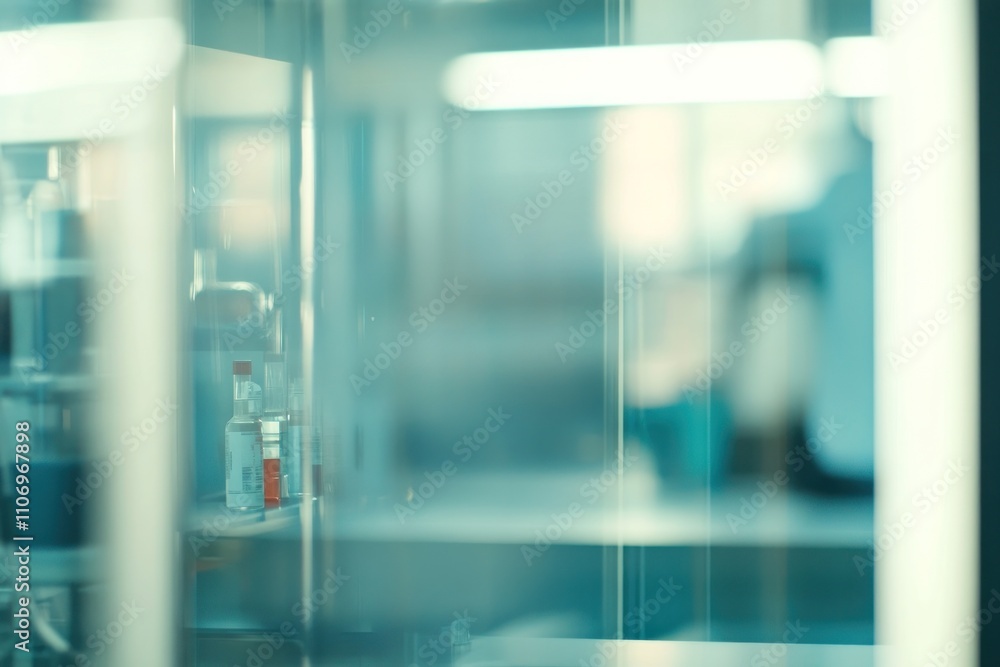 A blurred view of a laboratory or medical setting with glass surfaces and equipment. A blurred view of a laboratory or medical setting with glass surfaces and equipment.