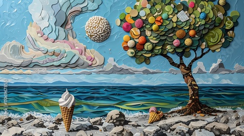 Lakefront indulgence: ice cream cones and treats under a tree on the rocky shore 