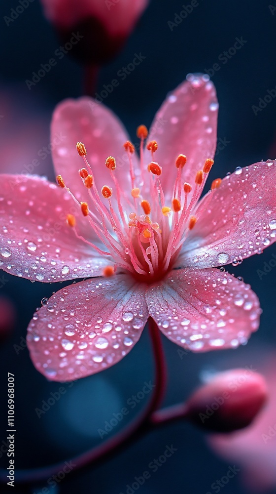 A close-up of a pink flower adorned with droplets, showcasing its delicate beauty and vibrant colors. A close-up of a pink flower adorned with droplets, showcasing its delicate beauty and vibrant colors.