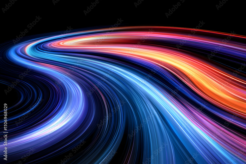 Abstract Colorful Swirling Light Trails, Dynamic Energy and vibrant hues flow in elegant curves across a dark background, creating an artistic digital illustration. Abstract Colorful Swirling Light Trails, Dynamic Energy and vibrant hues flow in elegant curves across a dark background, creating an artistic digital illustration.