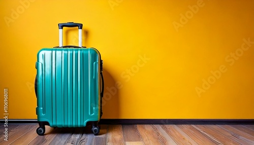 Vibrant luggage stands against a bright yellow wall, perfect for travel, vacation, or adventure