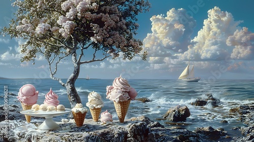Lakefront indulgence: ice cream cones and treats under a tree on the rocky shore 