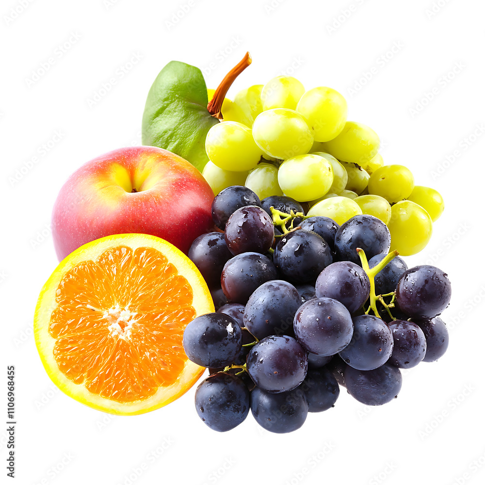 Fresh Fruit Still Life with Orange Apple Green Grapes and Black Grapes