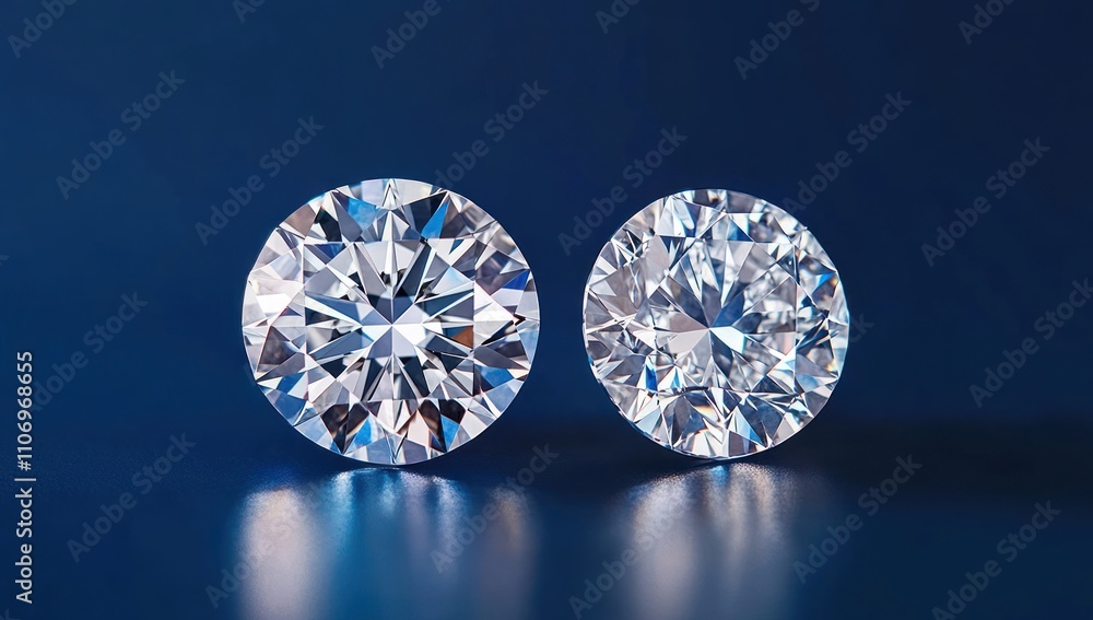 Two sparkling diamonds displayed on a blue background, showcasing their brilliance and clarity. Two sparkling diamonds displayed on a blue background, showcasing their brilliance and clarity.