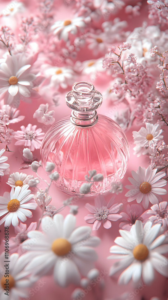 Pink Perfume Bottle in a Floral Setting, A Delicate, Romantic Image of Fragrance Surrounded by Daisies and Cherry Blossoms on a Soft Pink Background. Pink Perfume Bottle in a Floral Setting, A Delicate, Romantic Image of Fragrance Surrounded by Daisies and Cherry Blossoms on a Soft Pink Background.