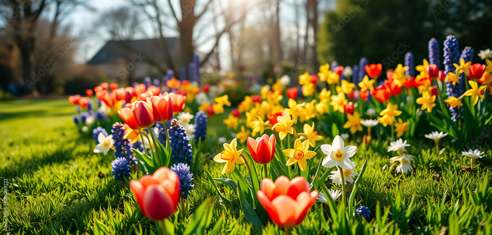 Obraz premium Beautiful well-kept spring garden. The green lawn emphasizes the full bloom of flowers in the mixborder. Diverse floral spectrum of tulips, daffodils, hyacinths. low angle shot, sunshine at background
