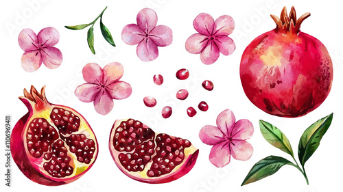Red ripe pomegranate fruit and pomegranate cut, pomegranate flower branch and leaves, watercolor pomegranate illustration, botanical illustration