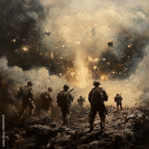 Soldiers in a Fiery Warzone: A Dramatic Depiction of War's Brutality