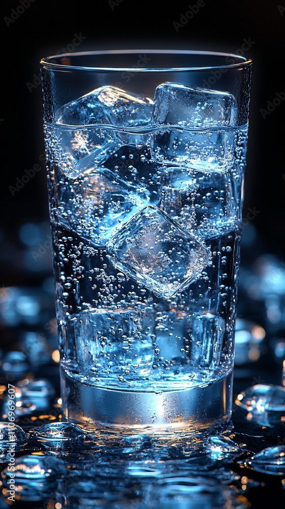 A glass filled with sparkling water and ice cubes, set against a dark background. A glass filled with sparkling water and ice cubes, set against a dark background.