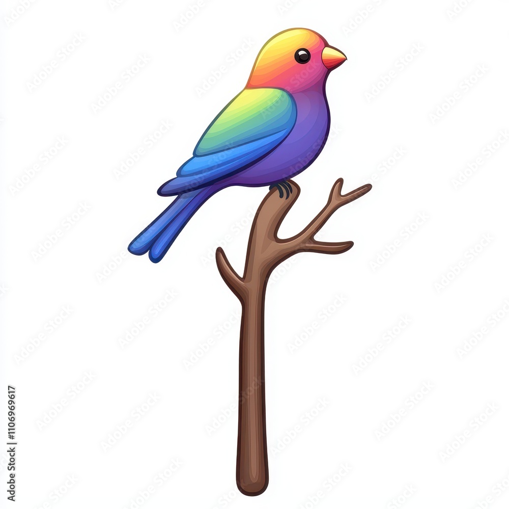 Colorful cartoon bird perched on a branch with vibrant hues of rainbow colors, showcasing a blend of vibrant pink, blue, yellow, and purple tones, ideal for playful designs. Colorful cartoon bird perched on a branch with vibrant hues of rainbow colors, showcasing a blend of vibrant pink, blue, yellow, and purple tones, ideal for playful designs.