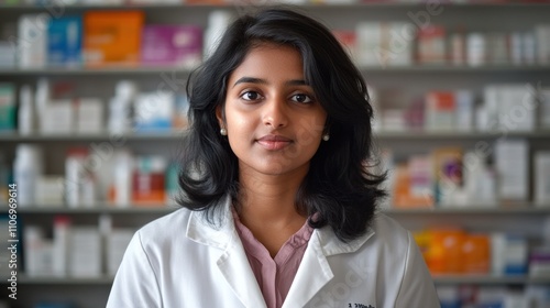 A young woman in a lab coat stands in front of a pharmacy shelf filled with medications.