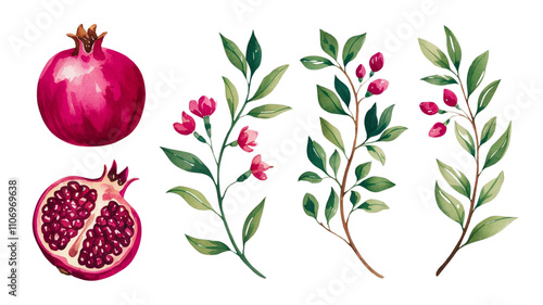 Red ripe pomegranate fruit and pomegranate cut, pomegranate flower branch and leaves, watercolor pomegranate illustration, botanical illustration