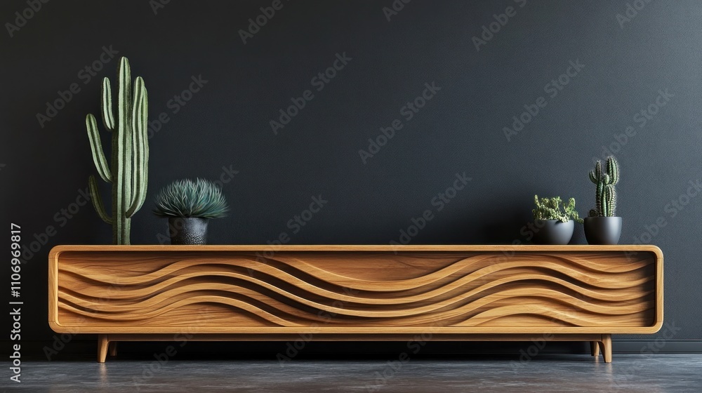 Modern wooden console table with cacti against a dark wall. Modern wooden console table with cacti against a dark wall.