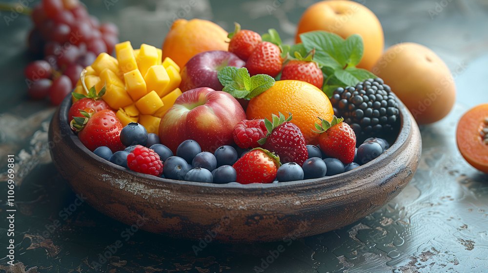 Assorted Fresh Fruits in Wooden Bowl Assorted Fresh Fruits in Wooden Bowl
