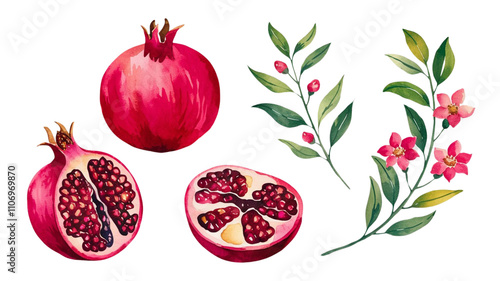 Red ripe pomegranate fruit and pomegranate cut, pomegranate flower branch and leaves, watercolor pomegranate illustration, botanical illustration
