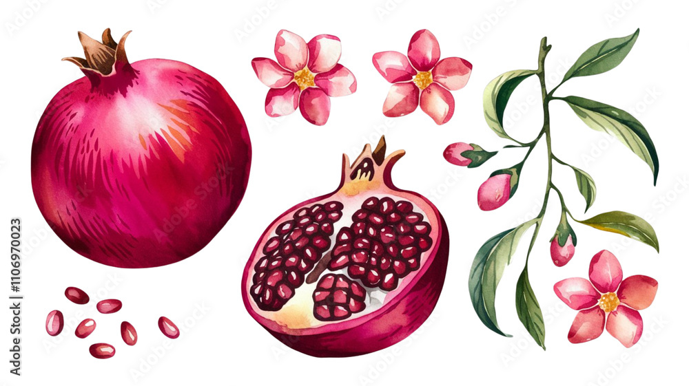 Red ripe pomegranate fruit and pomegranate cut, pomegranate flower branch and leaves, watercolor pomegranate illustration, botanical illustration Red ripe pomegranate fruit and pomegranate cut, pomegranate flower branch and leaves, watercolor pomegranate illustration, botanical illustration