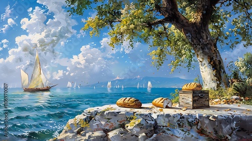 Lakefront snack: bread toaster and bread on a rocky shore under a tree, with sailboats in the distance