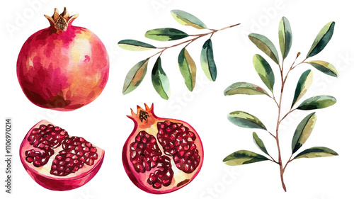 Red ripe pomegranate fruit and pomegranate cut, pomegranate flower branch and leaves, watercolor pomegranate illustration, botanical illustration