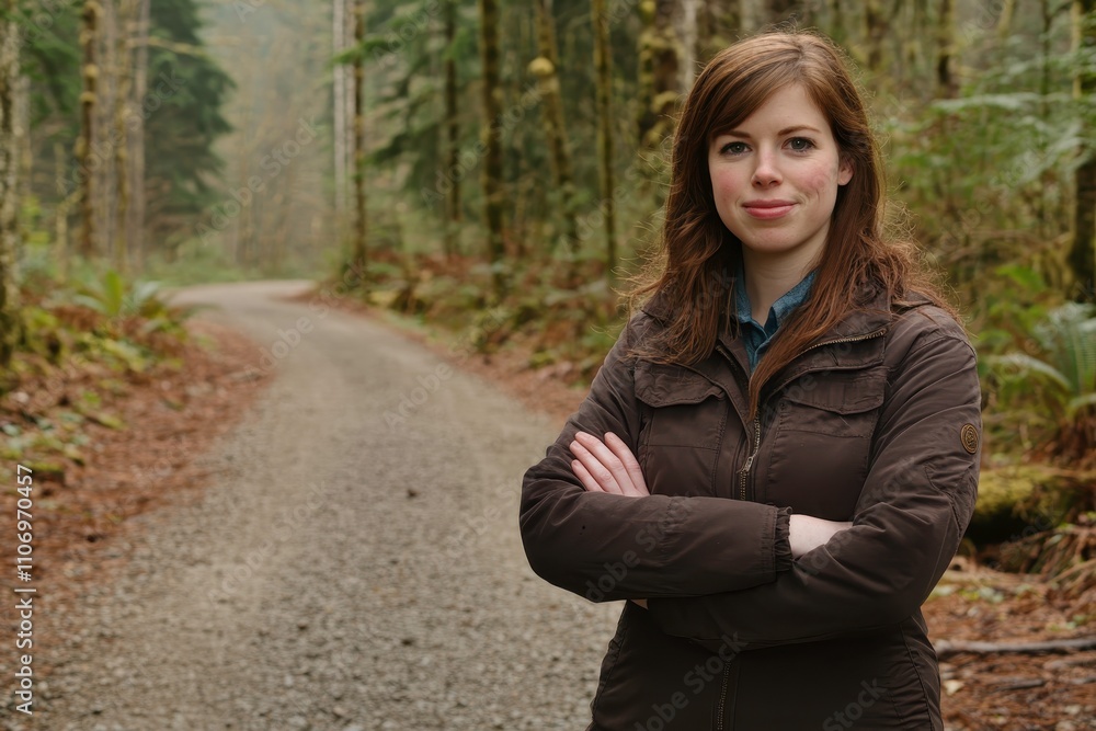 Confident Woman Standing on a Forest Road, Embracing Nature and Adventure in a Beautiful Green Setting, Perfect for Outdoor Exploration Themes and Inspirational Stories Confident Woman Standing on a Forest Road, Embracing Nature and Adventure in a Beautiful Green Setting, Perfect for Outdoor Exploration Themes and Inspirational Stories