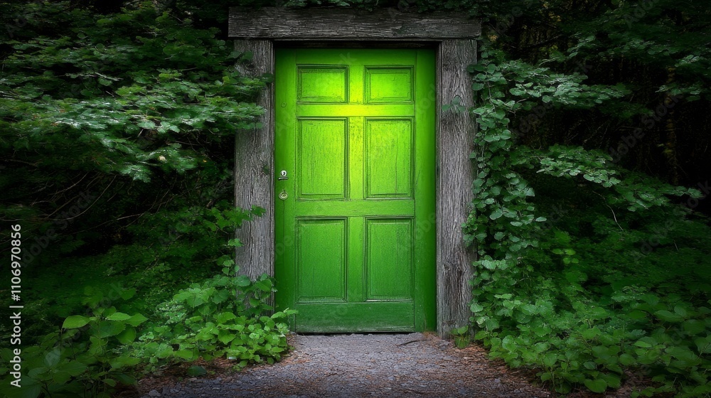 Mysterious doorway in dark forest glowing with green light Mysterious doorway in dark forest glowing with green light