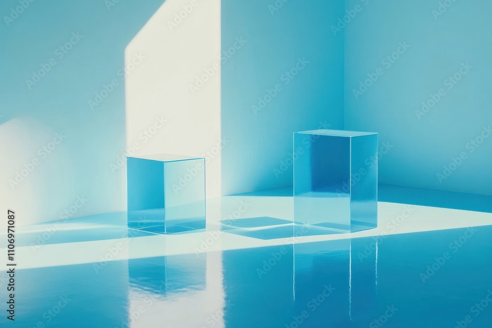 A minimalist scene featuring transparent cubes casting shadows in a blue-toned environment. A minimalist scene featuring transparent cubes casting shadows in a blue-toned environment.