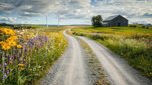 A wind farm near an industrial facility symbolizing renewable energy integration in business Stock Photo with side copy space