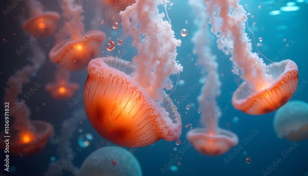 A colorful and abstract underwater scene, with translucent jellyfish like creatures floating on glowing orange spheres and bubbles A colorful and abstract underwater scene, with translucent jellyfish like creatures floating on glowing orange spheres and bubbles