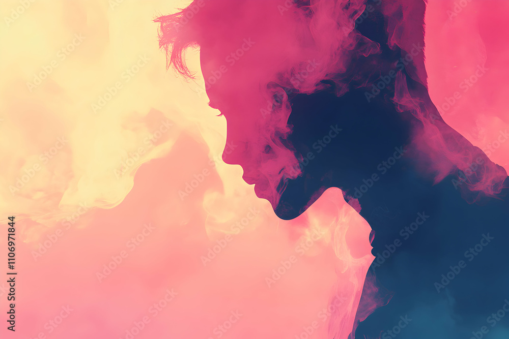 Abstract Portrait, Silhouette Emerging from Pink and Yellow Smoke, Dreamlike and Evocative Artwork Abstract Portrait, Silhouette Emerging from Pink and Yellow Smoke, Dreamlike and Evocative Artwork