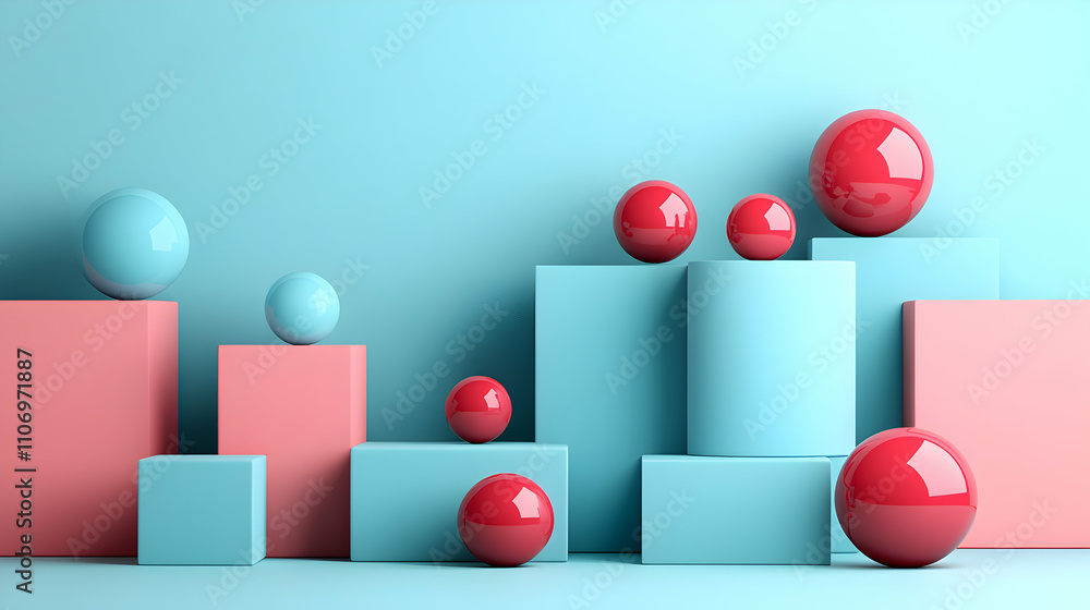 Abstract Pastel Background, Pink and Blue Geometric Shapes with Red Spheres Balanced on Cuboids and Cylinders Abstract Pastel Background, Pink and Blue Geometric Shapes with Red Spheres Balanced on Cuboids and Cylinders