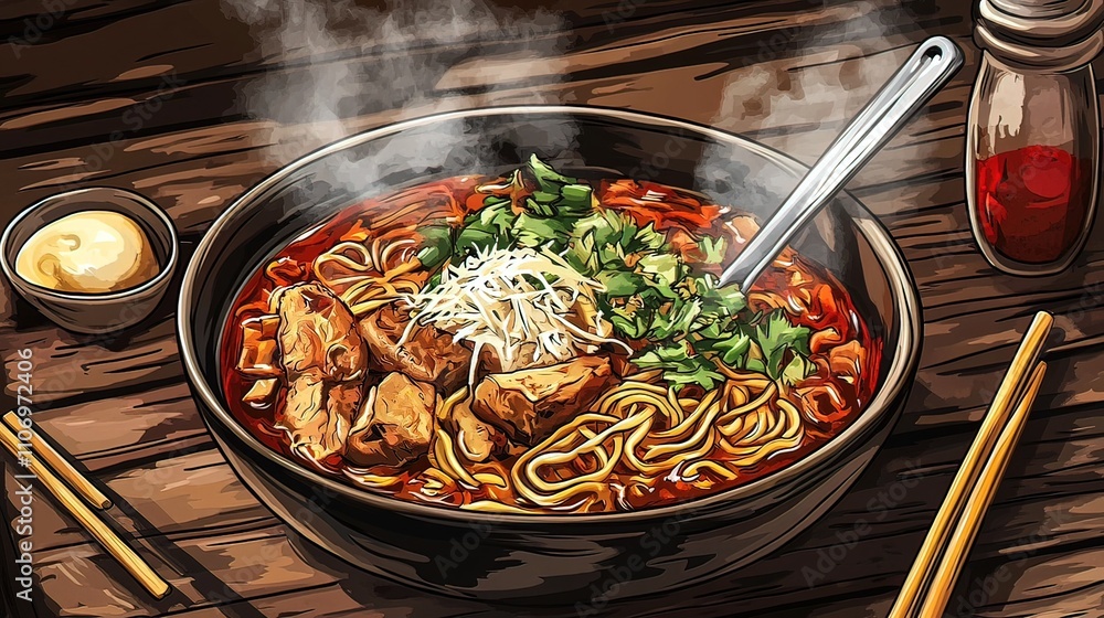 A bowl of steaming ramen with meat, noodles, vegetables, and cheese on a wooden table with chopsticks and condiments. A bowl of steaming ramen with meat, noodles, vegetables, and cheese on a wooden table with chopsticks and condiments.