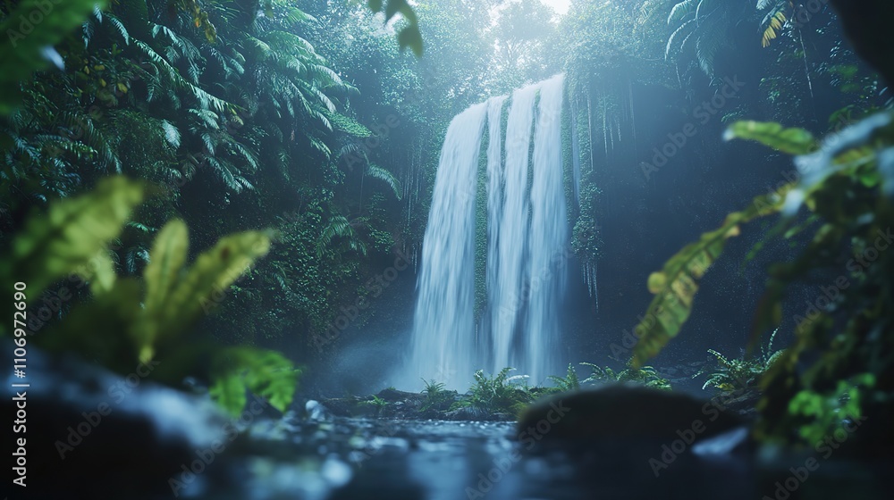 Obraz premium Waterfall in the middle of the forest flows into a calm and clear lake