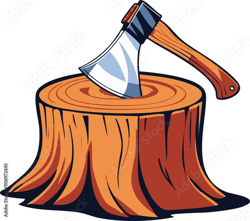 Deforestation Concept Illustration, Axe Embedded in Tree Stump