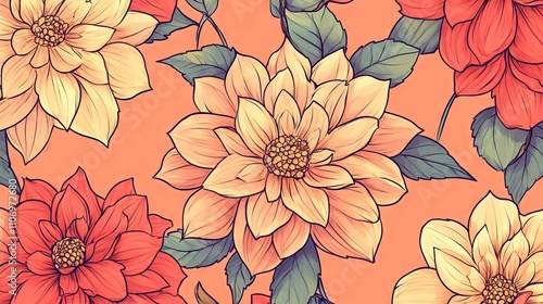 Wallpaper Mural Seamless pattern with hand-drawn dahlia flowers intricate floral design for textiles, wallpapers, and decorative backgrounds Torontodigital.ca